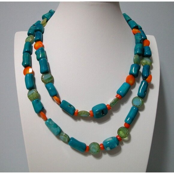 Turquoise & Coral Chunky Beaded Necklace With Toggle Clasp - Picture 1 of 2